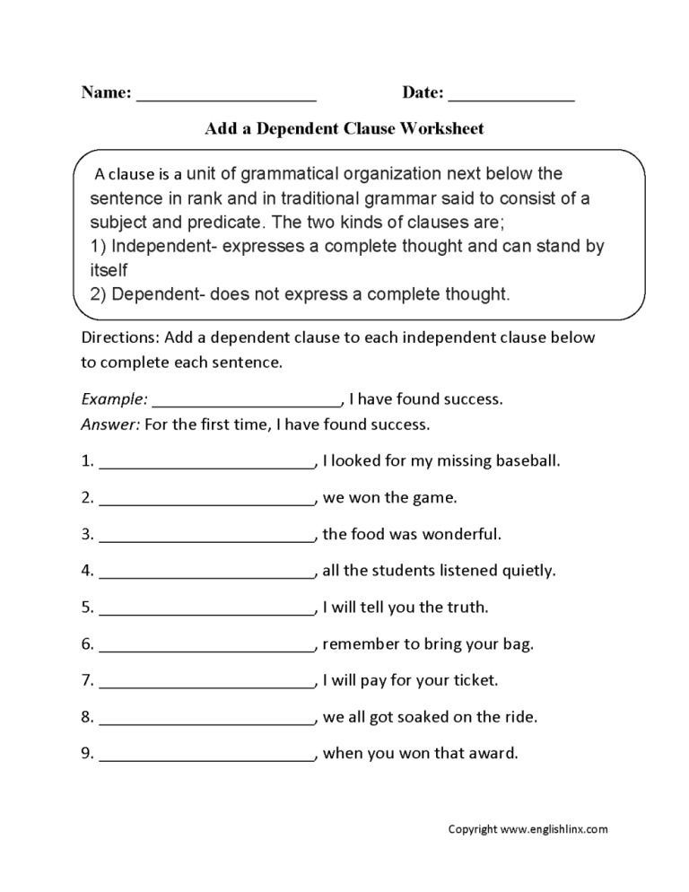 10th Grade Adverb Clause Worksheet