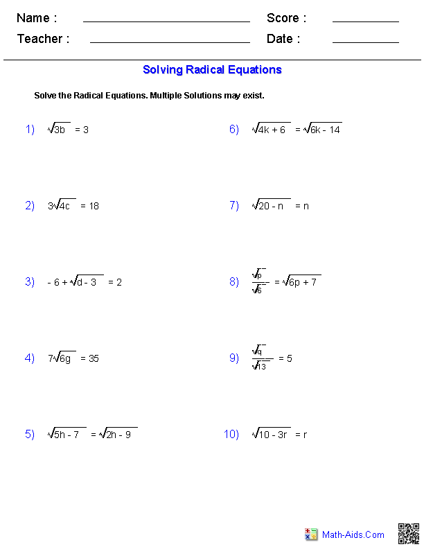 Simplifying Radicals Worksheet Pdf