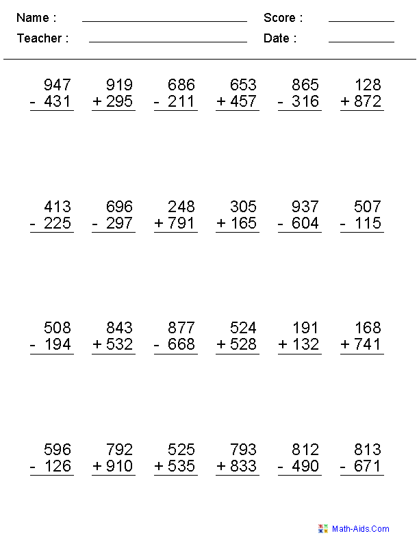 Addition Subtraction Worksheets 3rd Grade