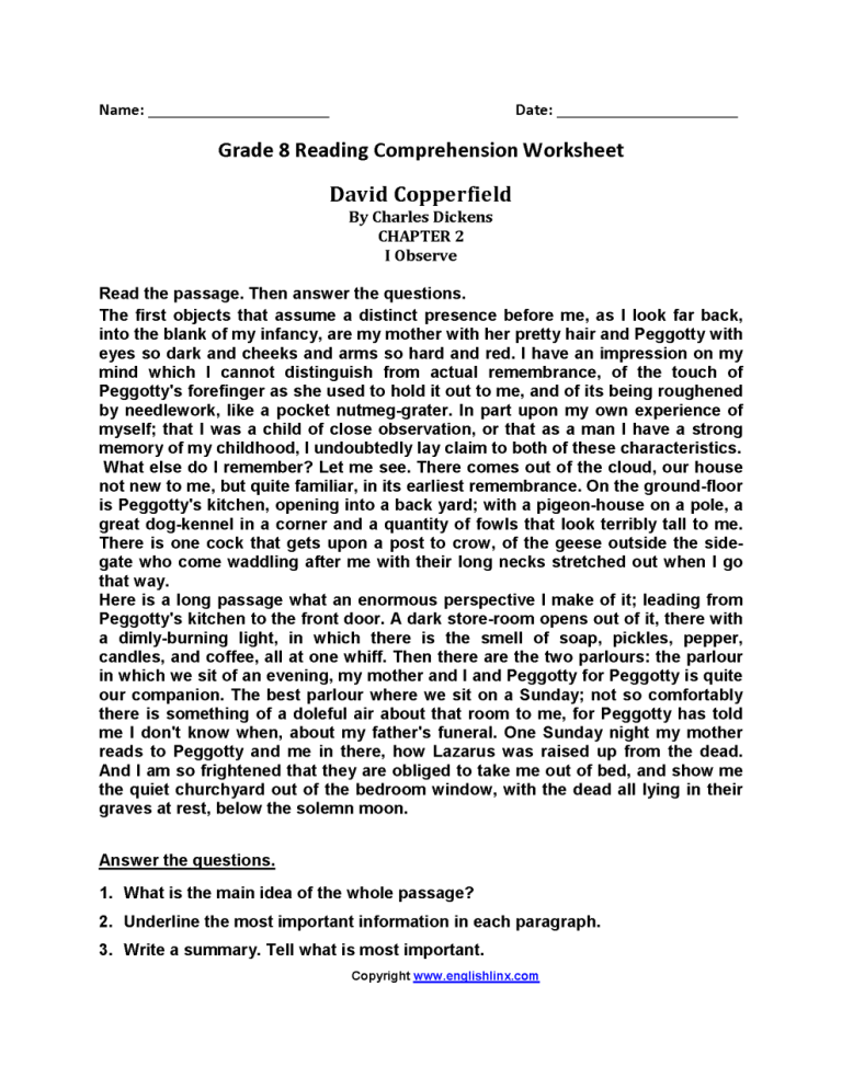 Pdf Reading Comprehension Worksheets 7th Grade