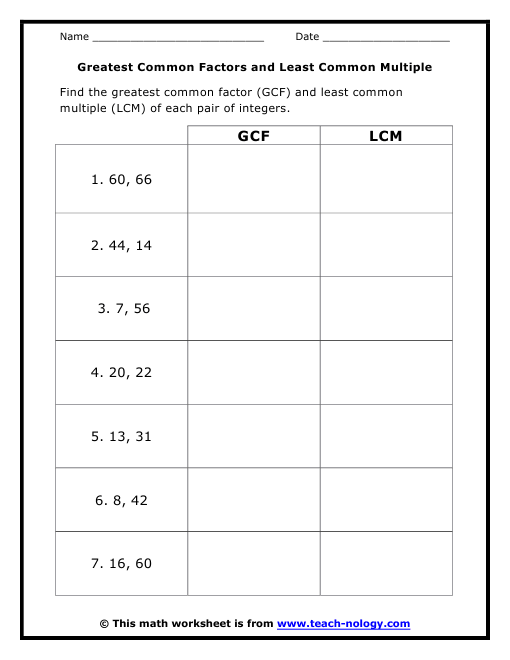 Gcf And Lcm Worksheets 7th Grade