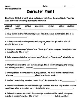 Character Traits Worksheet 5th Grade