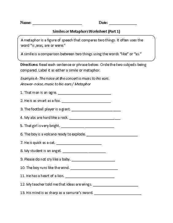 Simile And Metaphor Worksheet 1