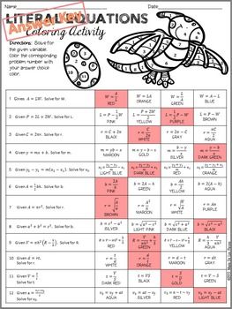 Literal Equations Worksheet Coloring Activity Answers