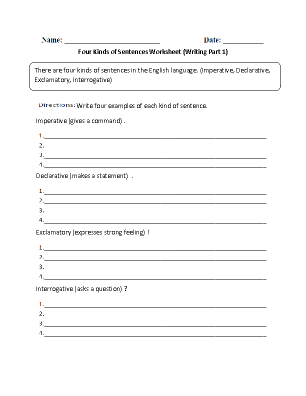 Grade 4 Worksheets On Kinds Of Sentences