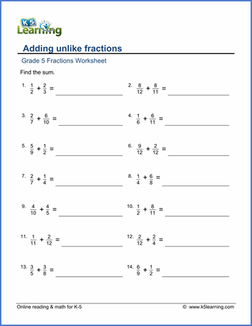 Grade 5 Adding Fractions With Different Denominators Worksheet