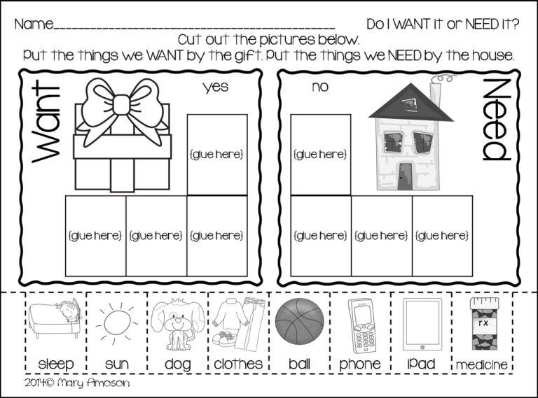 Needs And Wants Worksheets For Kindergarten