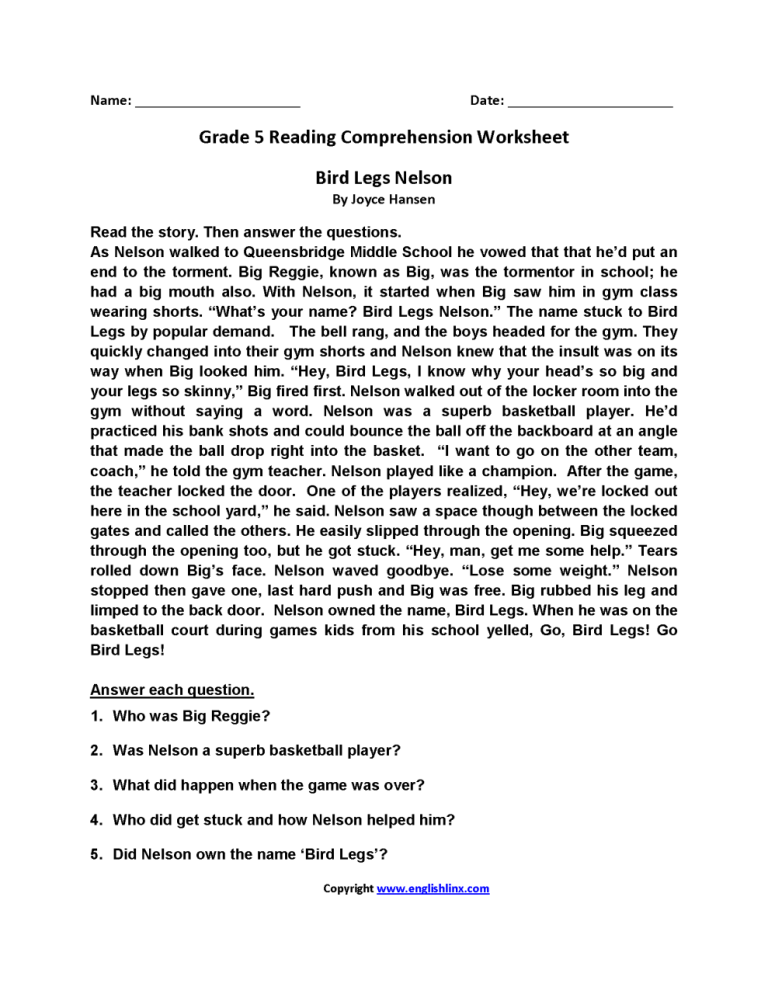 Fifth Grade 5th Grade Reading Worksheets