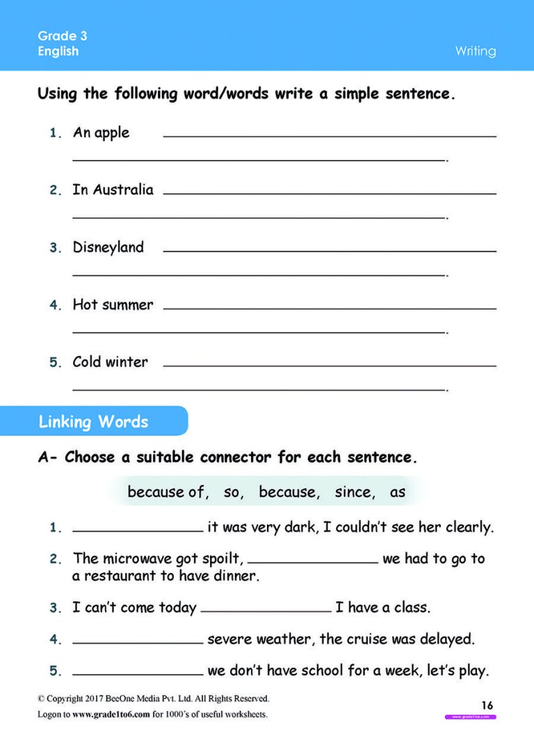 English Worksheet For Class 3 Icse