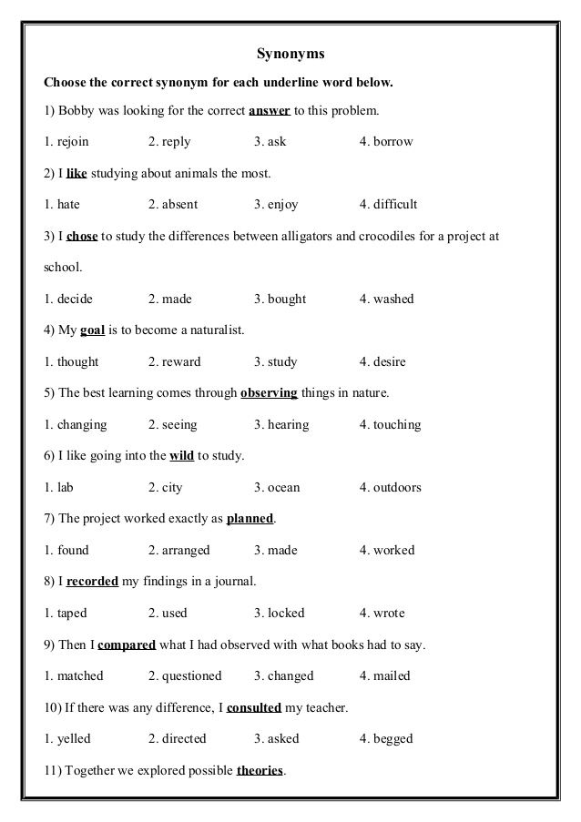 Synonyms Worksheet With Answers