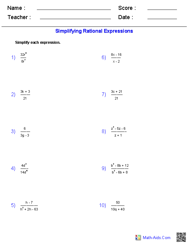 7th Grade Simplifying Rational Expressions Worksheet