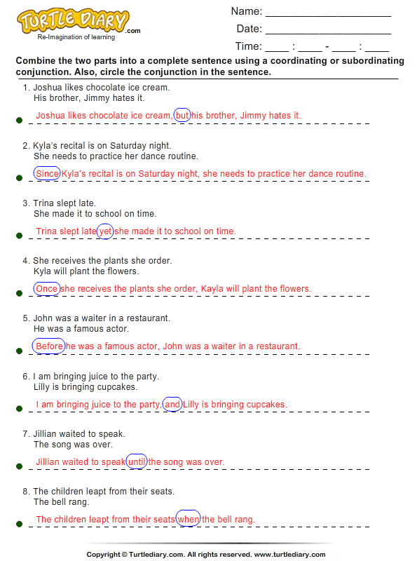 Subordinating Conjunctions Worksheets With Answer Key Pdf