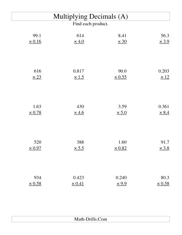 Multiplying Decimals Worksheets Grade 6