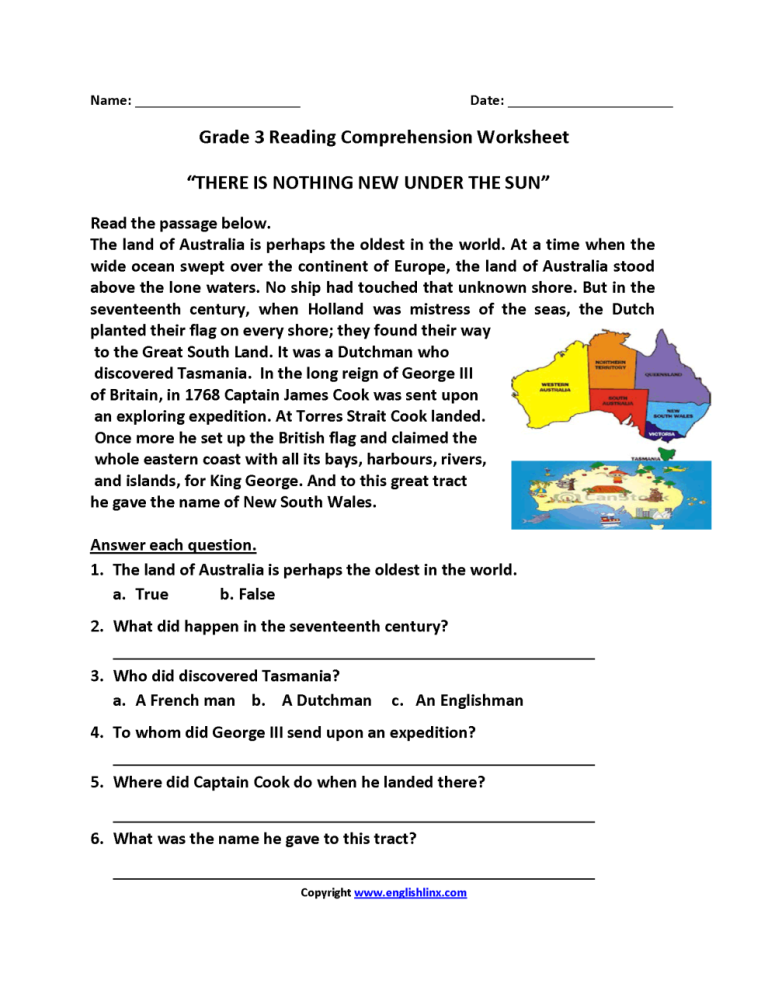 English Comprehension Worksheets For Grade 6