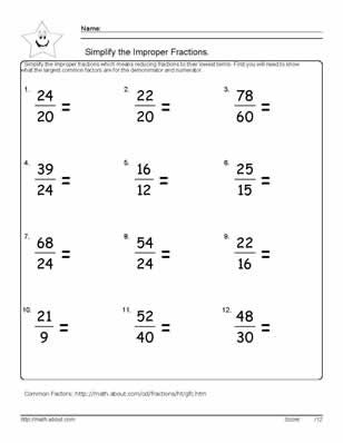 Simplifying Fractions Worksheet