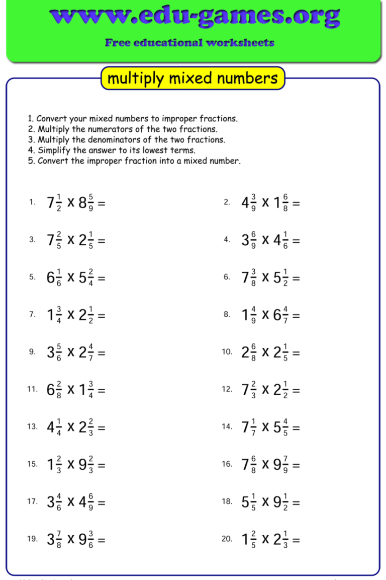 Multiplying Mixed Numbers Worksheets