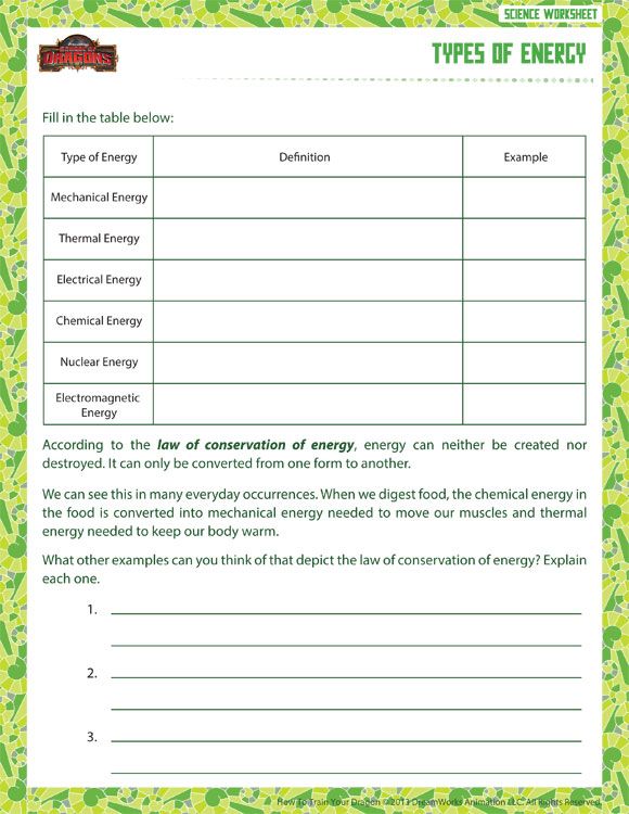 Energy Worksheet 6th Grade