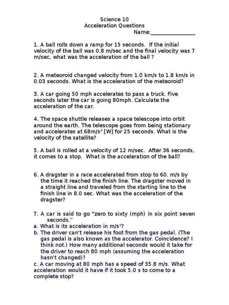 Acceleration Worksheet 1 Answers