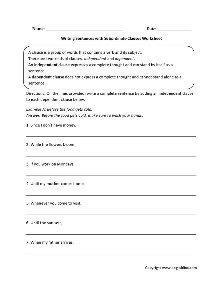 Independent And Dependent Clauses Worksheet 6th Grade