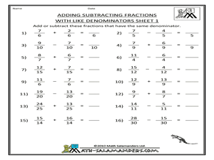 Adding Fractions Worksheets Same Denominator