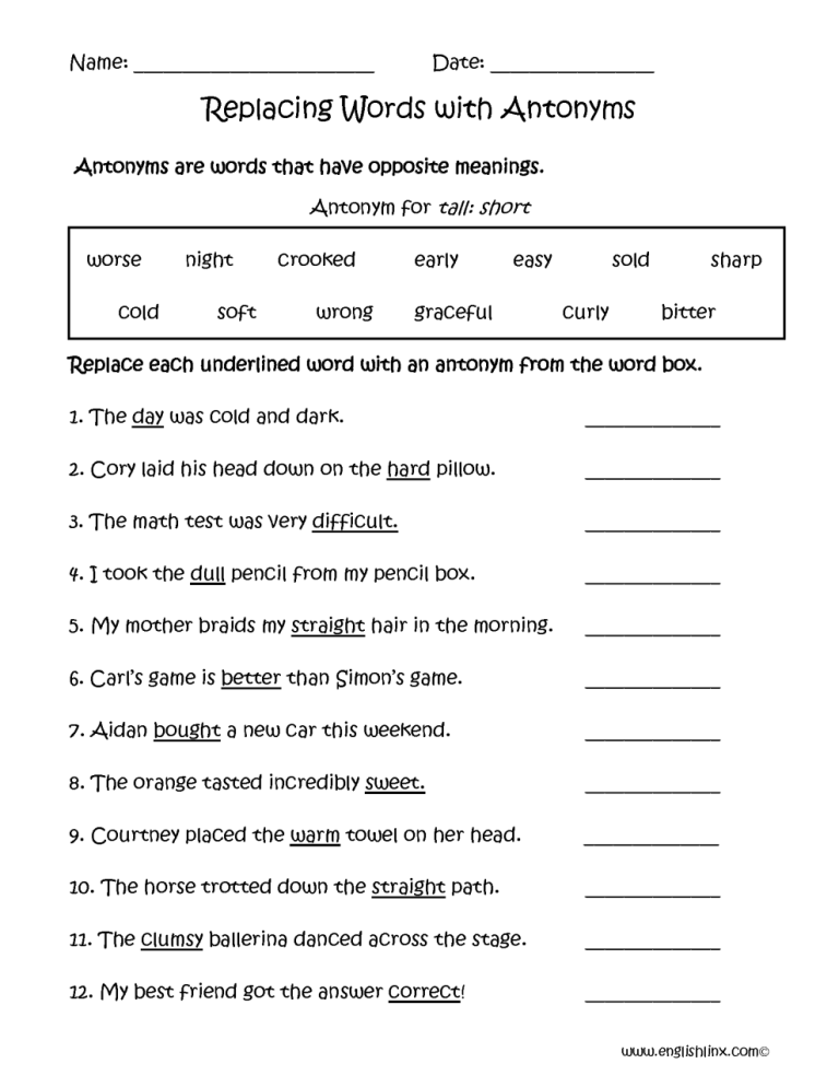 Antonyms Worksheet For Grade 4