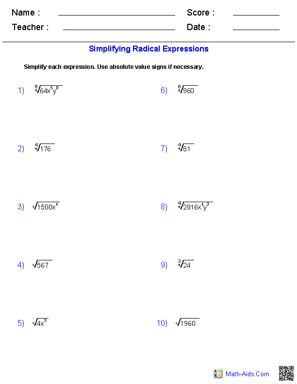 Algebra 2 Worksheets With Answer Key