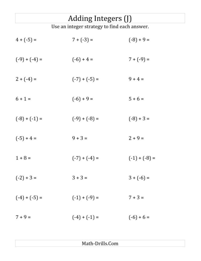 Adding And Subtracting Integers Worksheet Pdf Math Drills