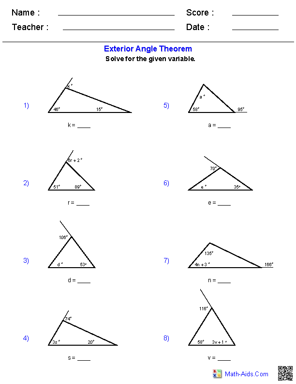 Exterior Angle Theorem Worksheet Answer Key