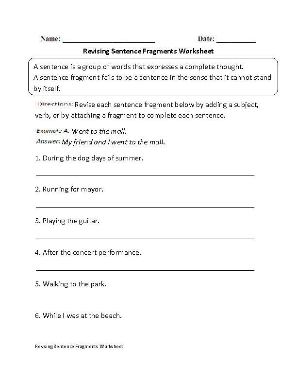 Sentence Fragment Worksheets 6th Grade