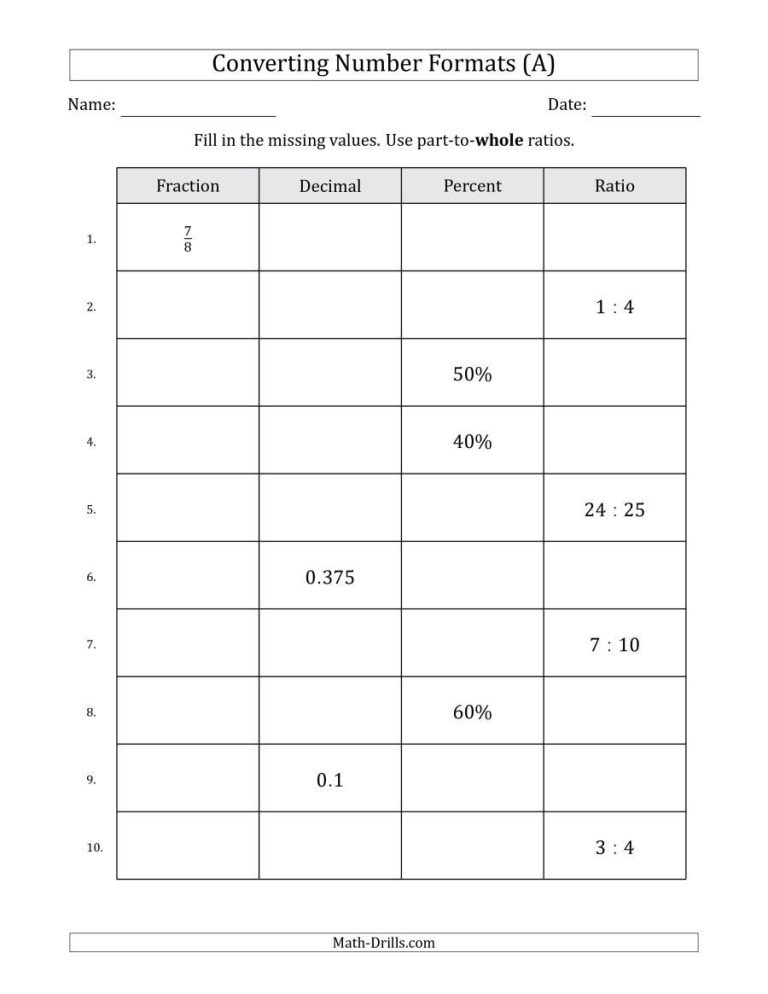 Math Drills Fractions Decimals Percents