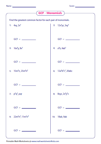 Greatest Common Factor Worksheets Pdf