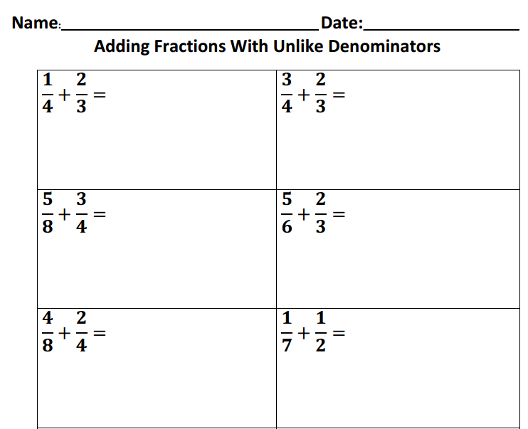 Adding Fractions Worksheets With Unlike Denominators