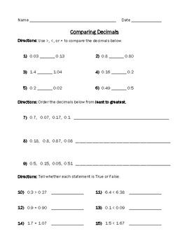 Ordering Decimals Worksheet Grade 5