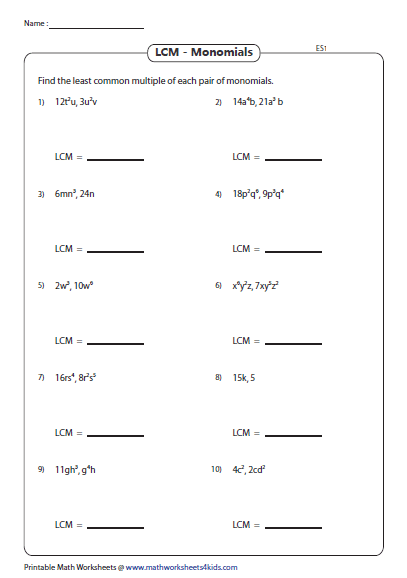 Least Common Multiple Worksheet