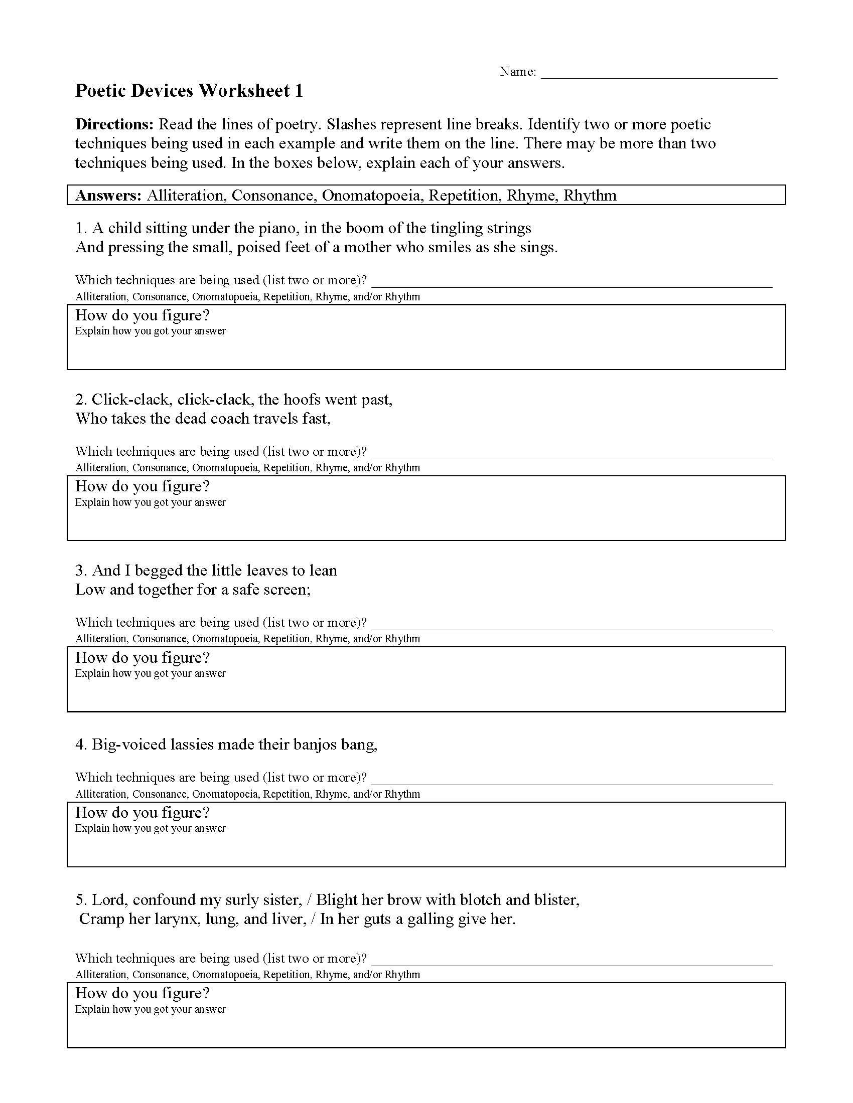 Poetic Devices Worksheet 1 Answer Key