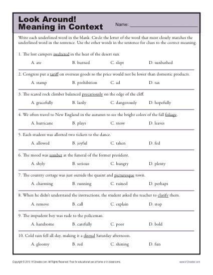 7th Grade Context Clues Worksheets Pdf