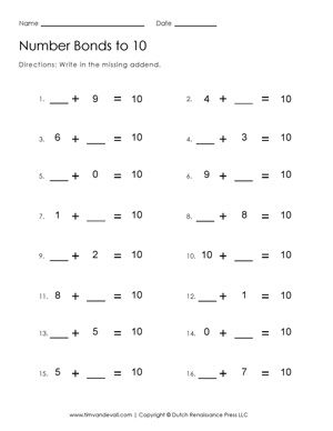 Number Bonds To 10 Worksheet Free