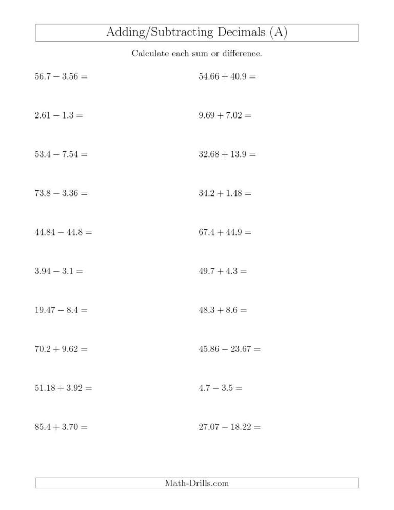 Adding And Subtracting Decimals Worksheets