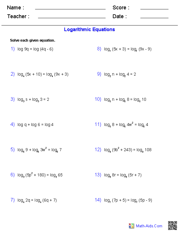 Solving Logarithmic Equations Worksheet