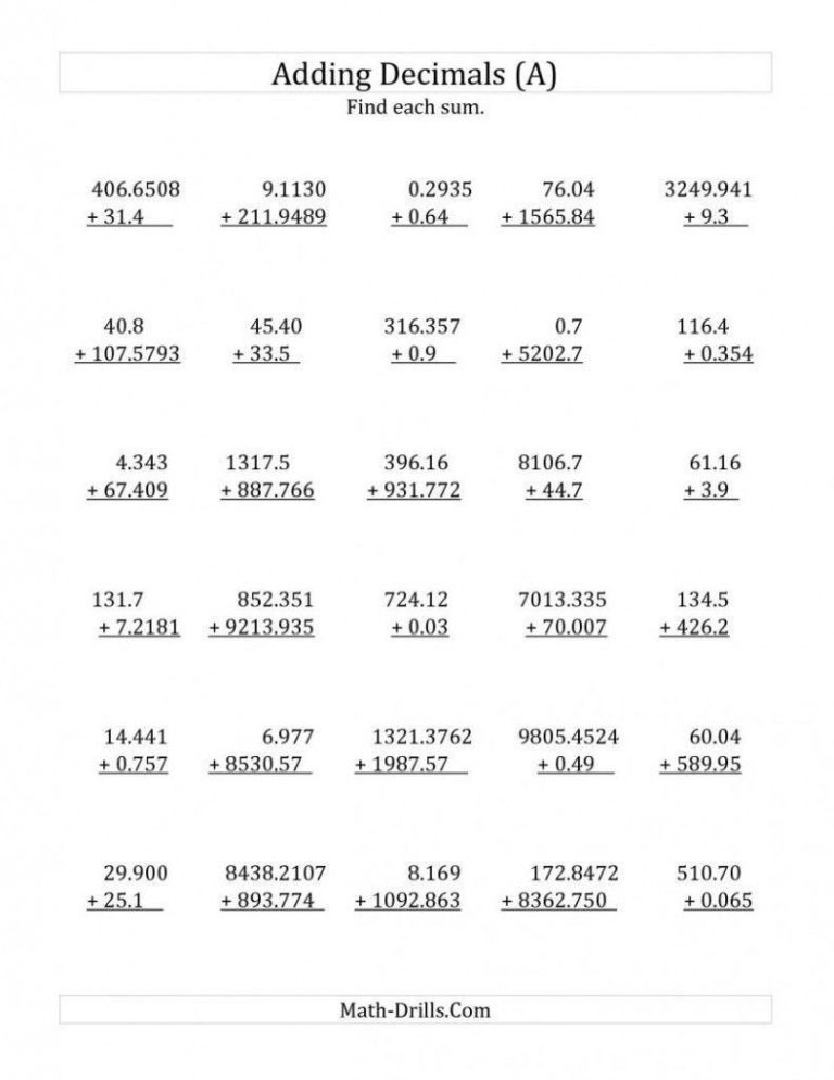 Adding Decimals Worksheet Pdf