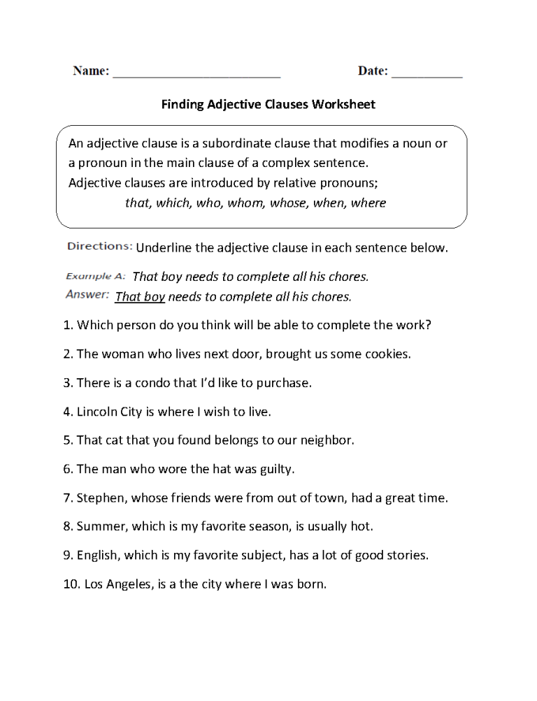 Subordinate Clause Worksheet With Answers