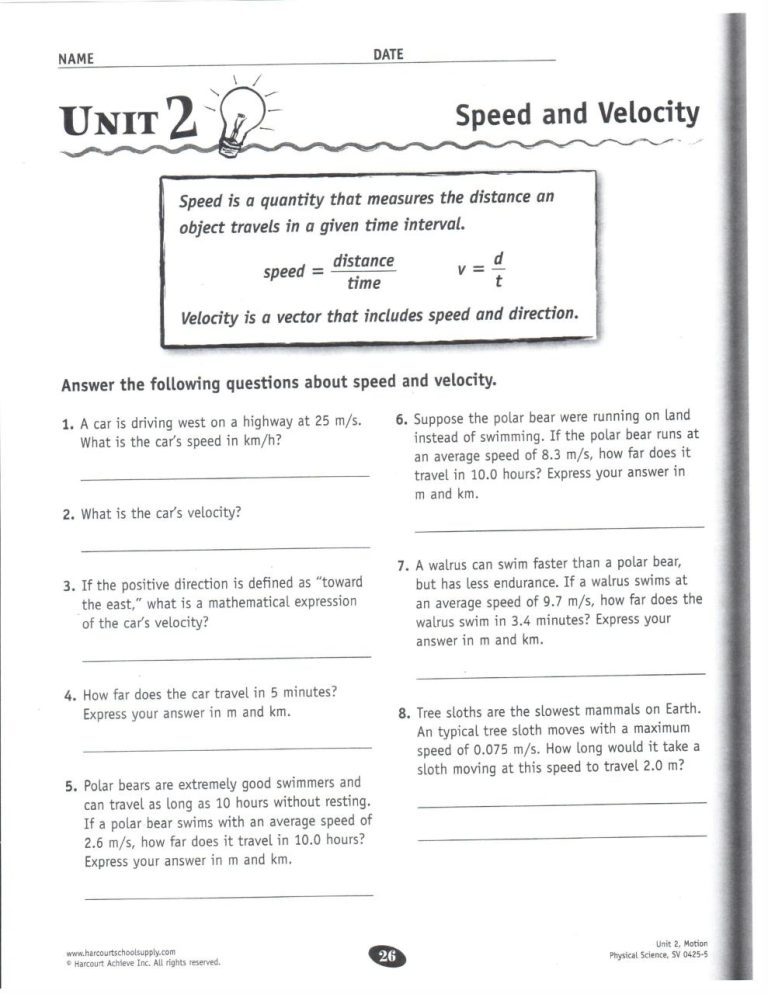 Speed And Velocity Worksheet Answer Key