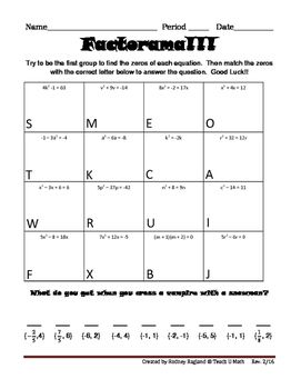 Factoring Solving Quadratic Equations Worksheet