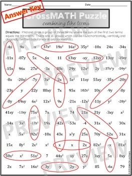 Combining Like Terms Puzzle Worksheet Pdf