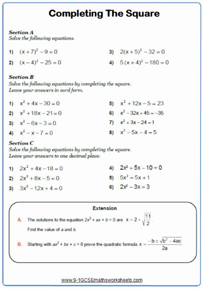 Completing The Square Worksheet With Solutions