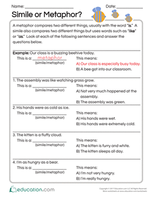 Simile And Metaphor Worksheet 4 Answers