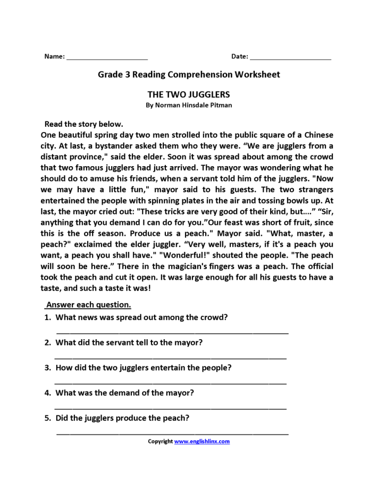 Comprehension Worksheets For Grade 3 Pdf