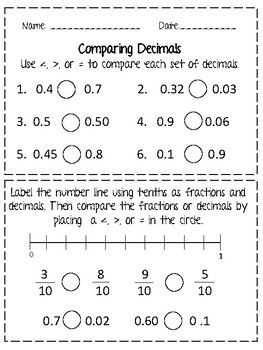 Comparing Decimals Worksheet Grade 5