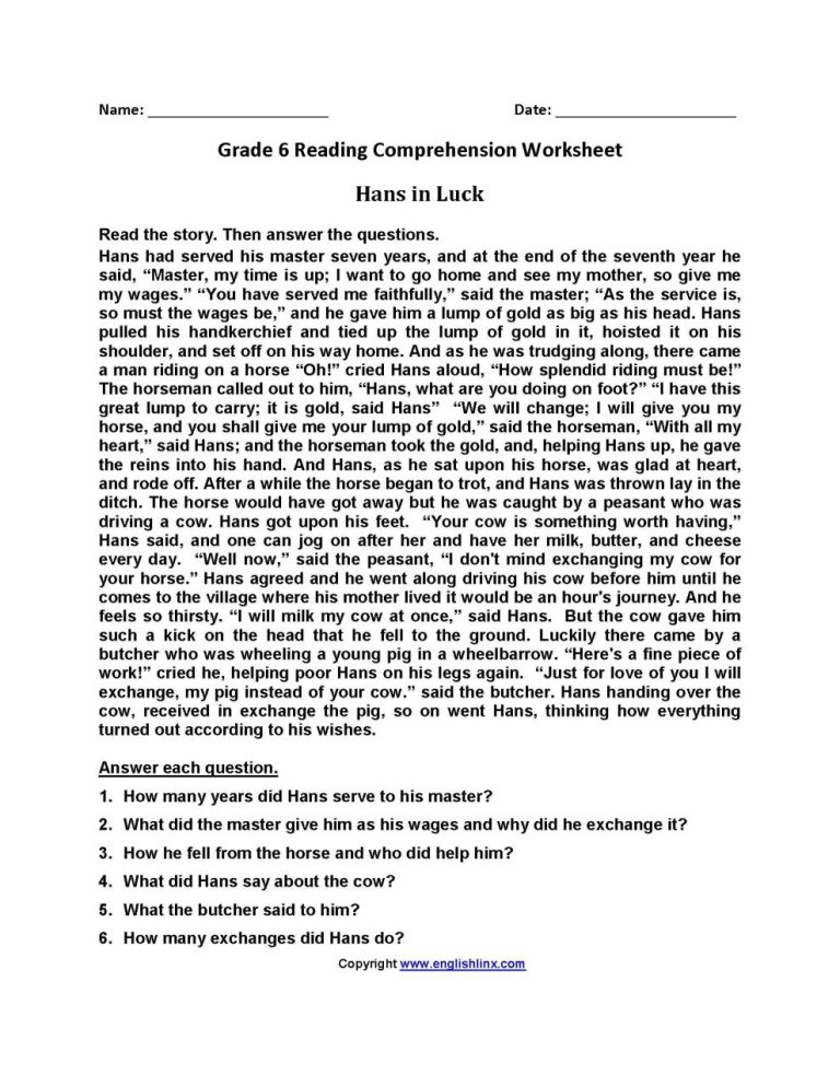 Comprehension For Class 6 With Answers