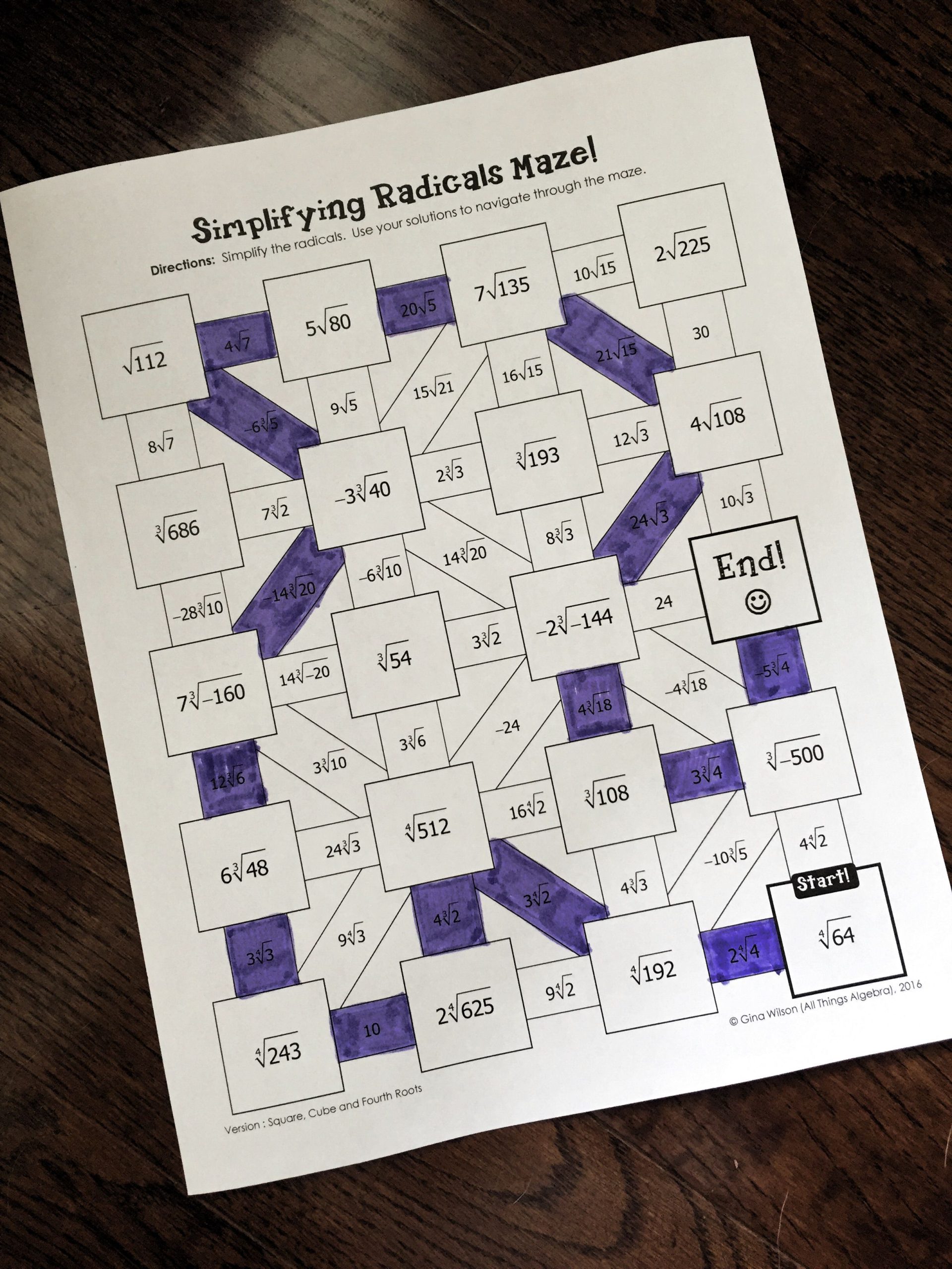 Multiplying Radicals Maze Worksheet